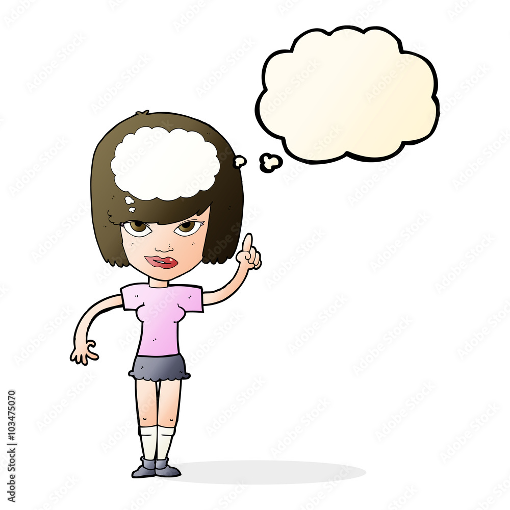 cartoon woman with idea with thought bubble cartoon woman with idea with thought bubble