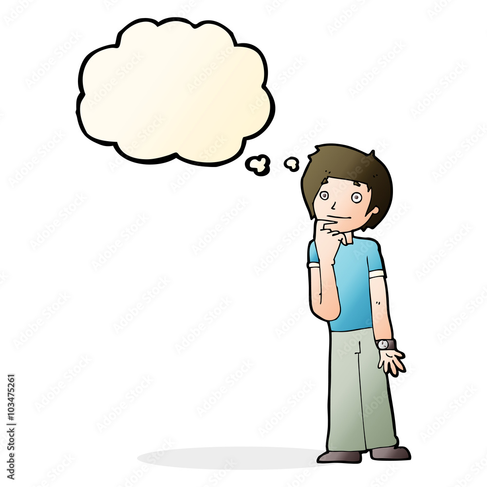 cartoon boy wondering with thought bubble cartoon boy wondering with thought bubble