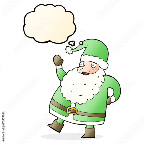 funny waving santa claus cartoon with thought bubble