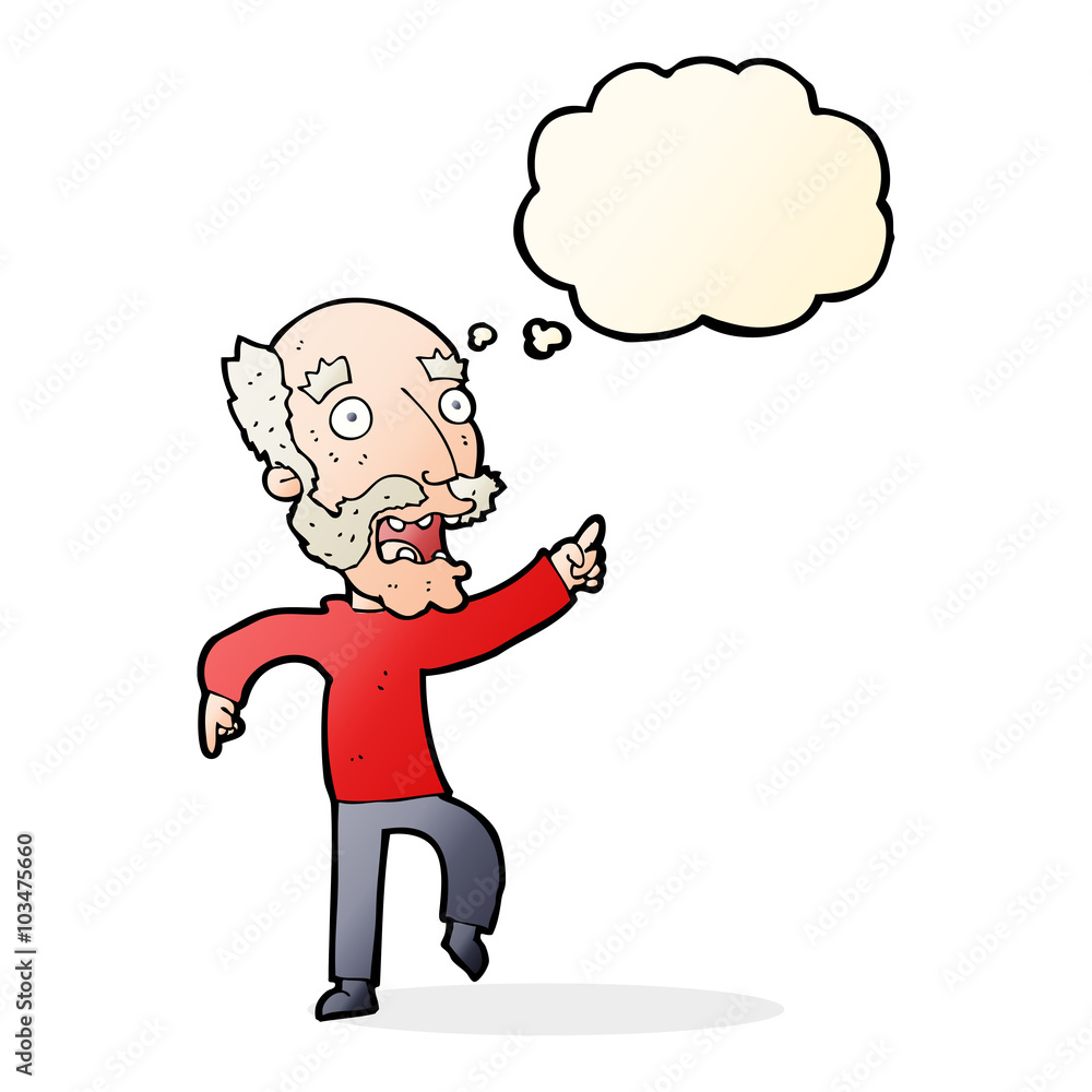 cartoon frightened old man with thought bubble