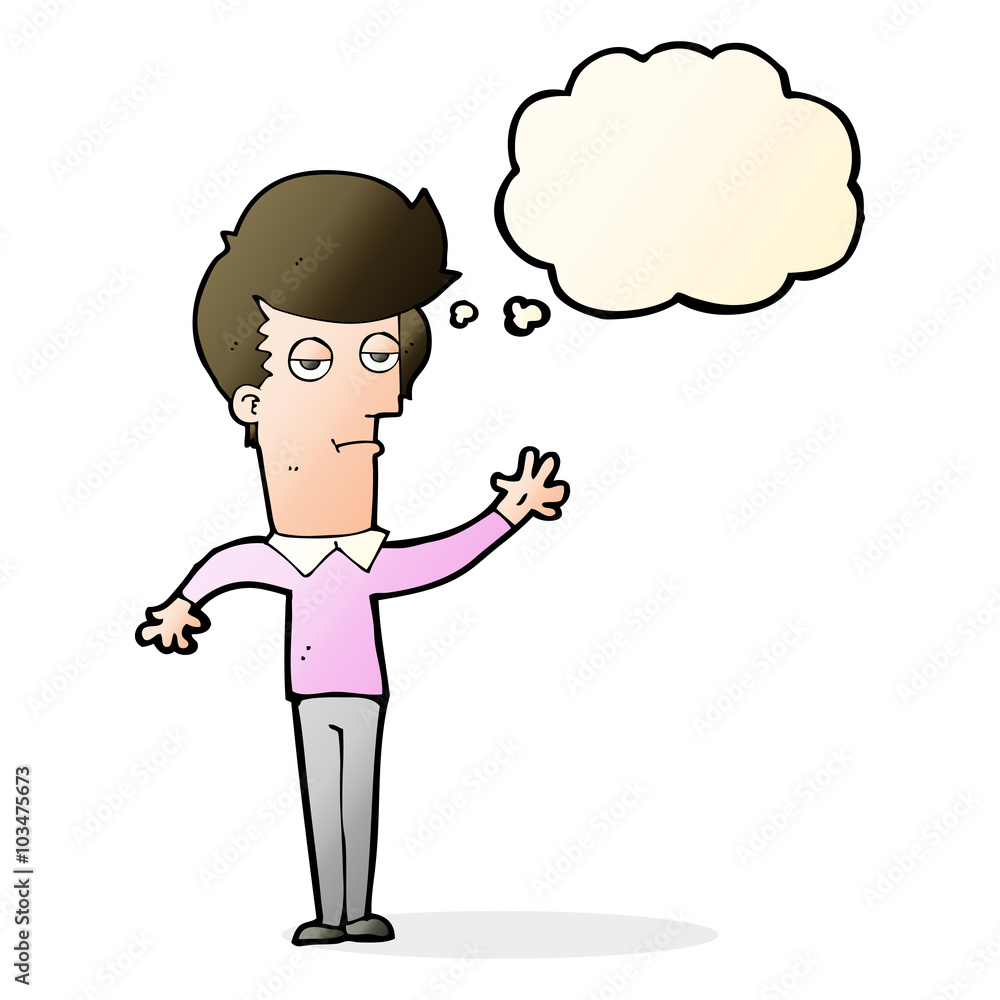 cartoon bored man waving with thought bubble cartoon bored man waving with thought bubble