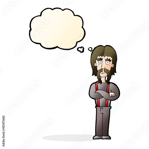 cartoon long mustache man with folded arms with thought bubble