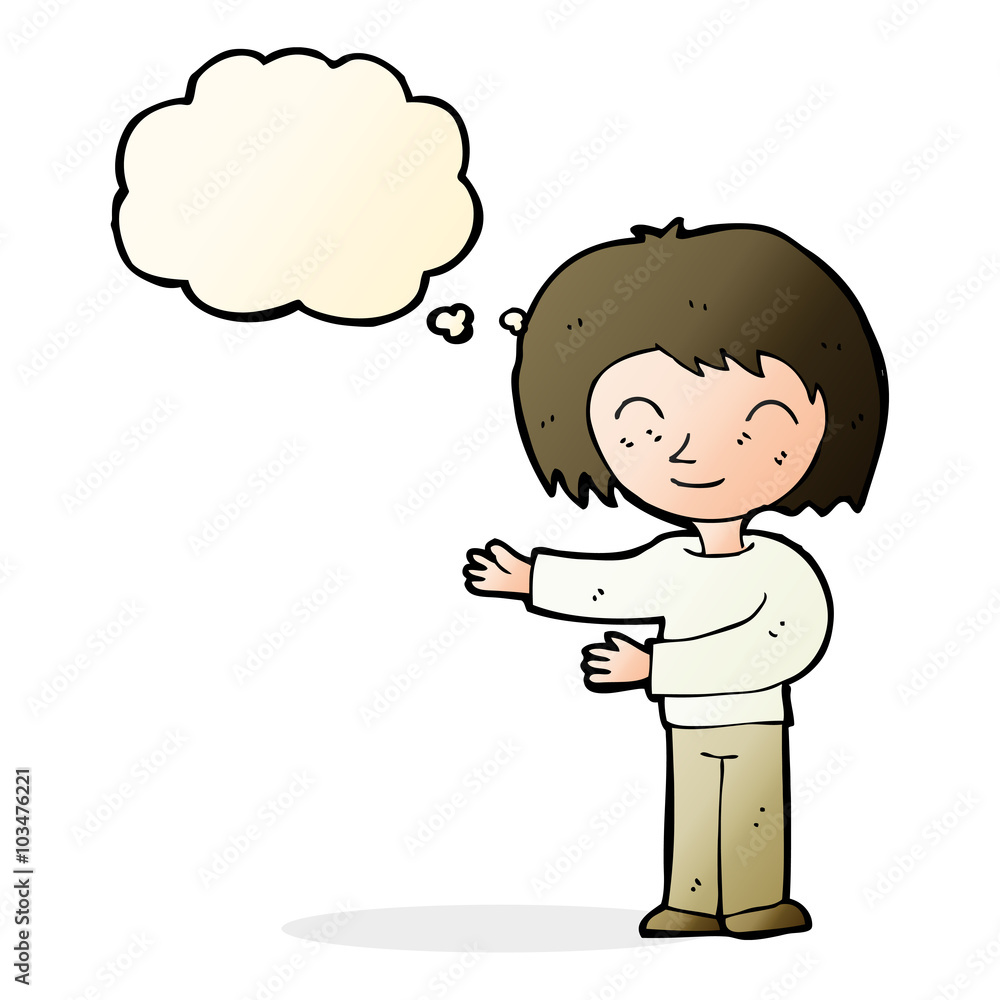 cartoon woman gesturing welcome with thought bubble cartoon woman gesturing welcome with thought bubble