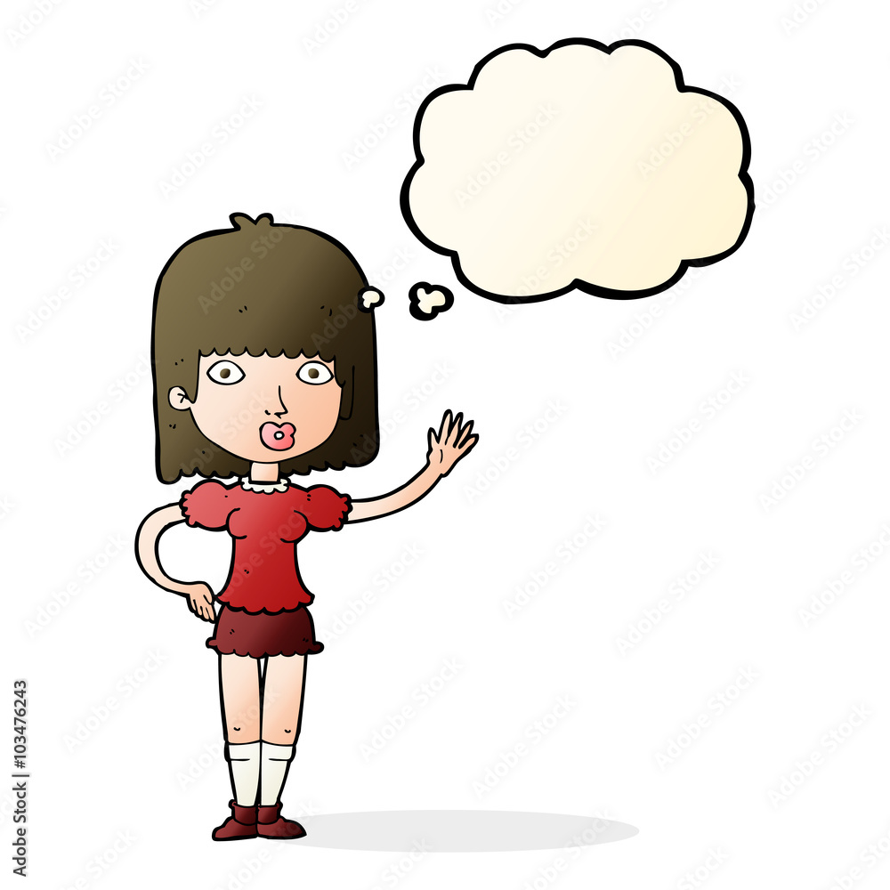 cartoon woman waving with thought bubble cartoon woman waving with thought bubble