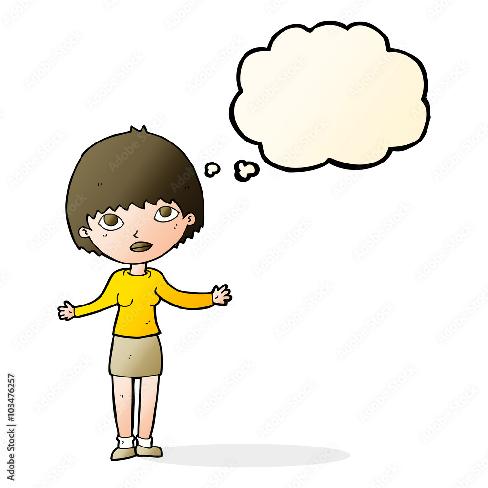 cartoon woman shrugging with thought bubble cartoon woman shrugging with thought bubble