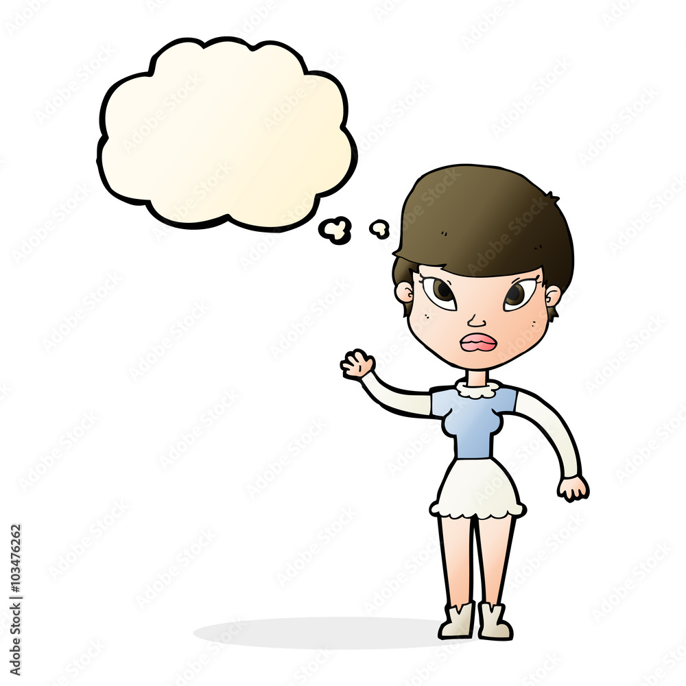 cartoon woman waving with thought bubble cartoon woman waving with thought bubble