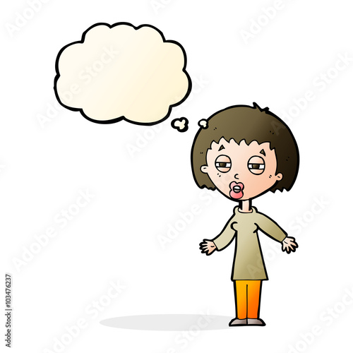 cartoon tired woman with thought bubble