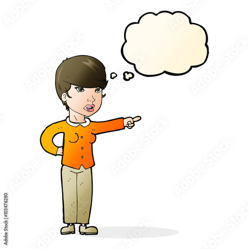 cartoon woman pointing finger of blame with thought bubble