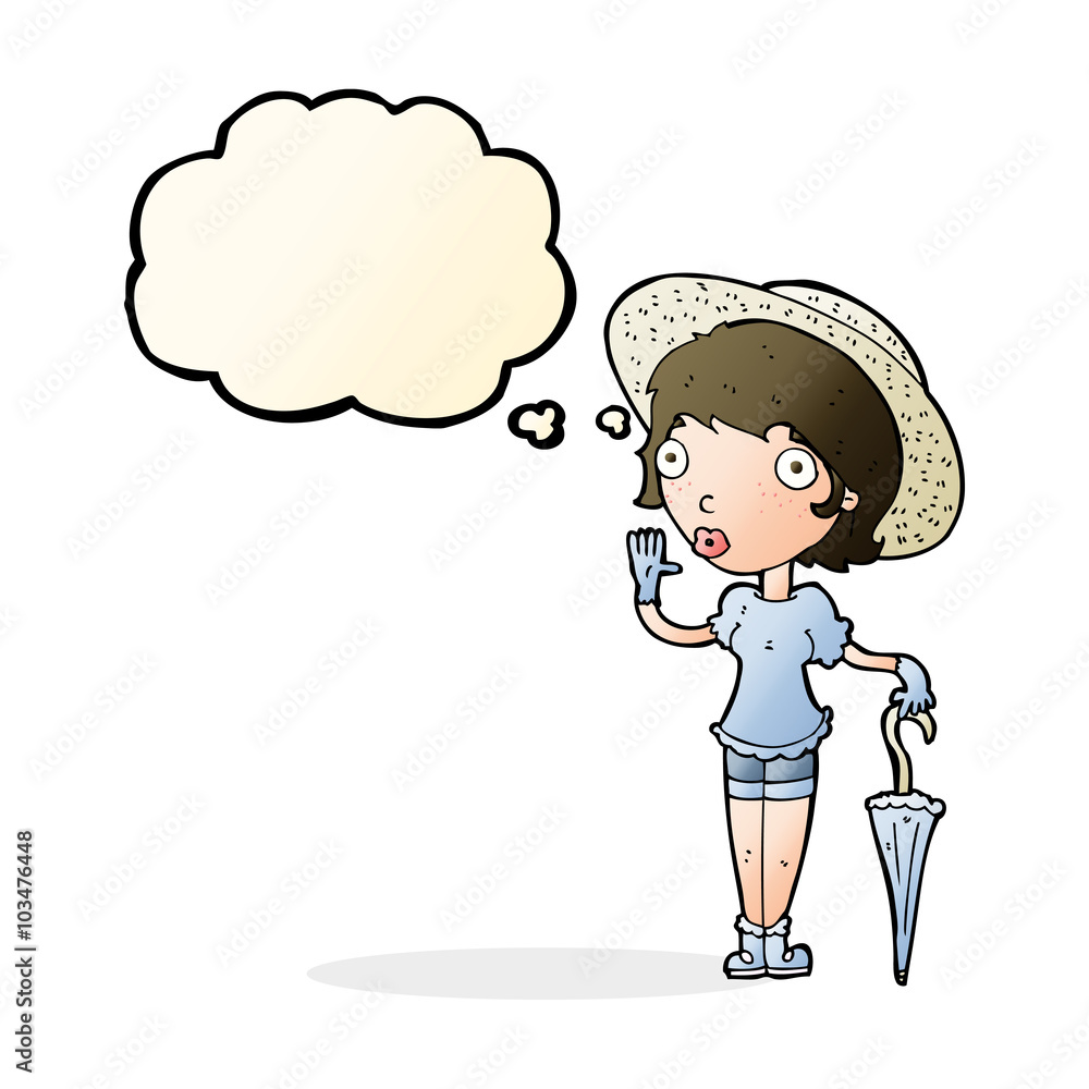 cartoon woman in summer hat waving with thought bubble cartoon woman in summer hat waving with thought bubble