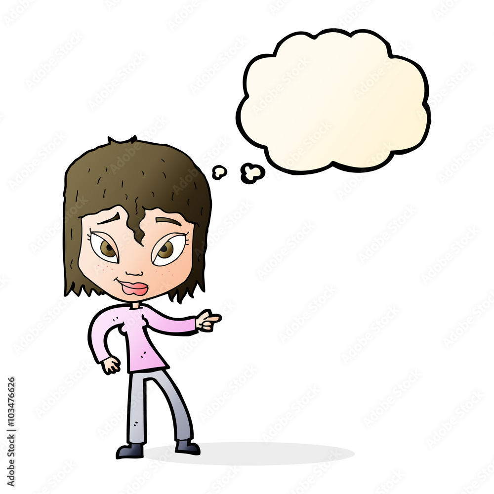 cartoon relaxed woman pointing with thought bubble