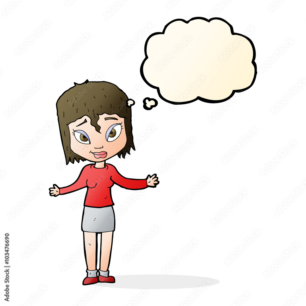 cartoon woman shrugging shoulders with thought bubble cartoon woman shrugging shoulders with thought bubble