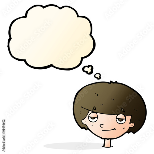 cartoon smug looking boy with thought bubble