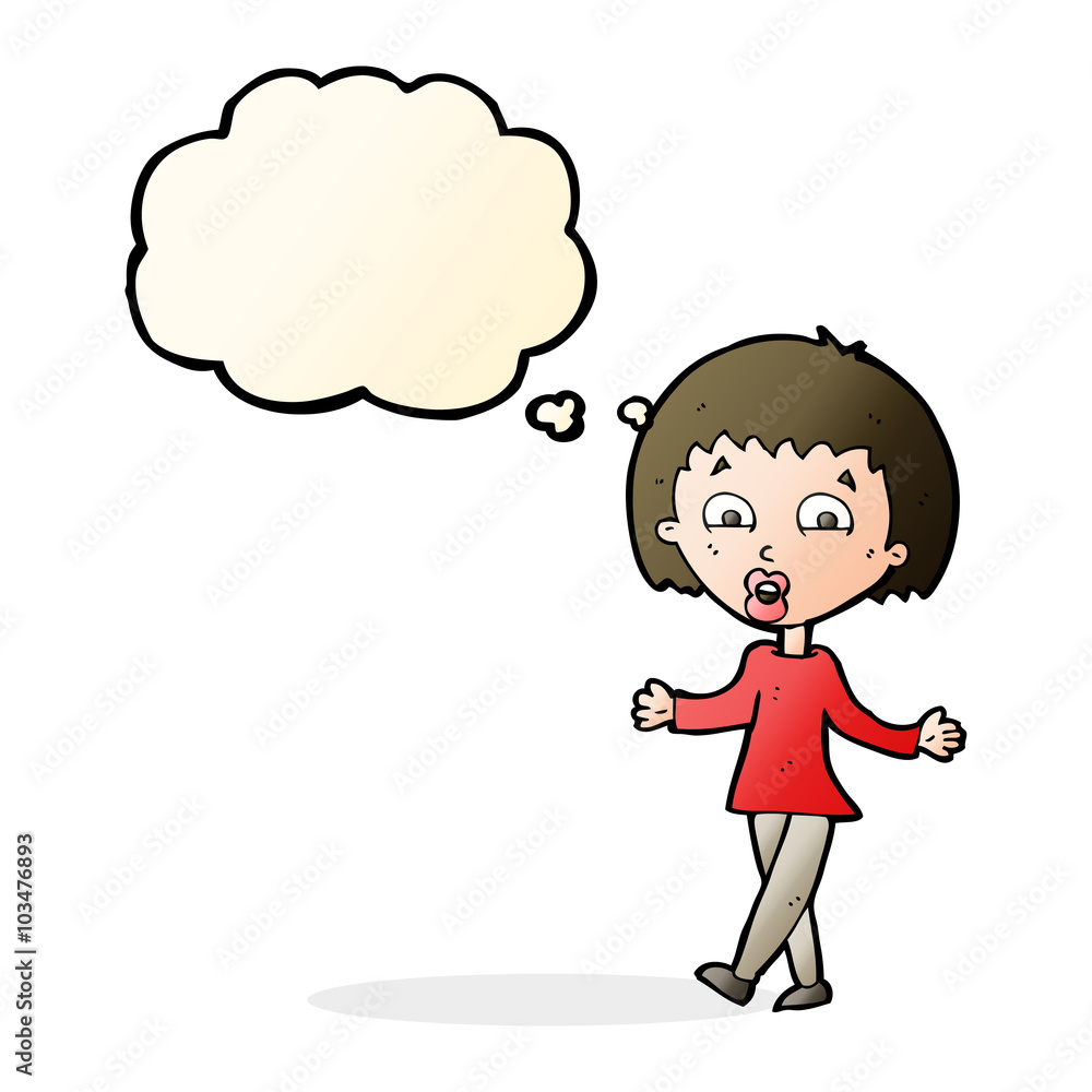 cartoon woman shrugging shoulders with thought bubble cartoon woman shrugging shoulders with thought bubble