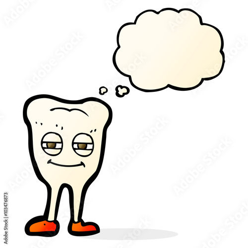 cartoon smiling tooth with thought bubble