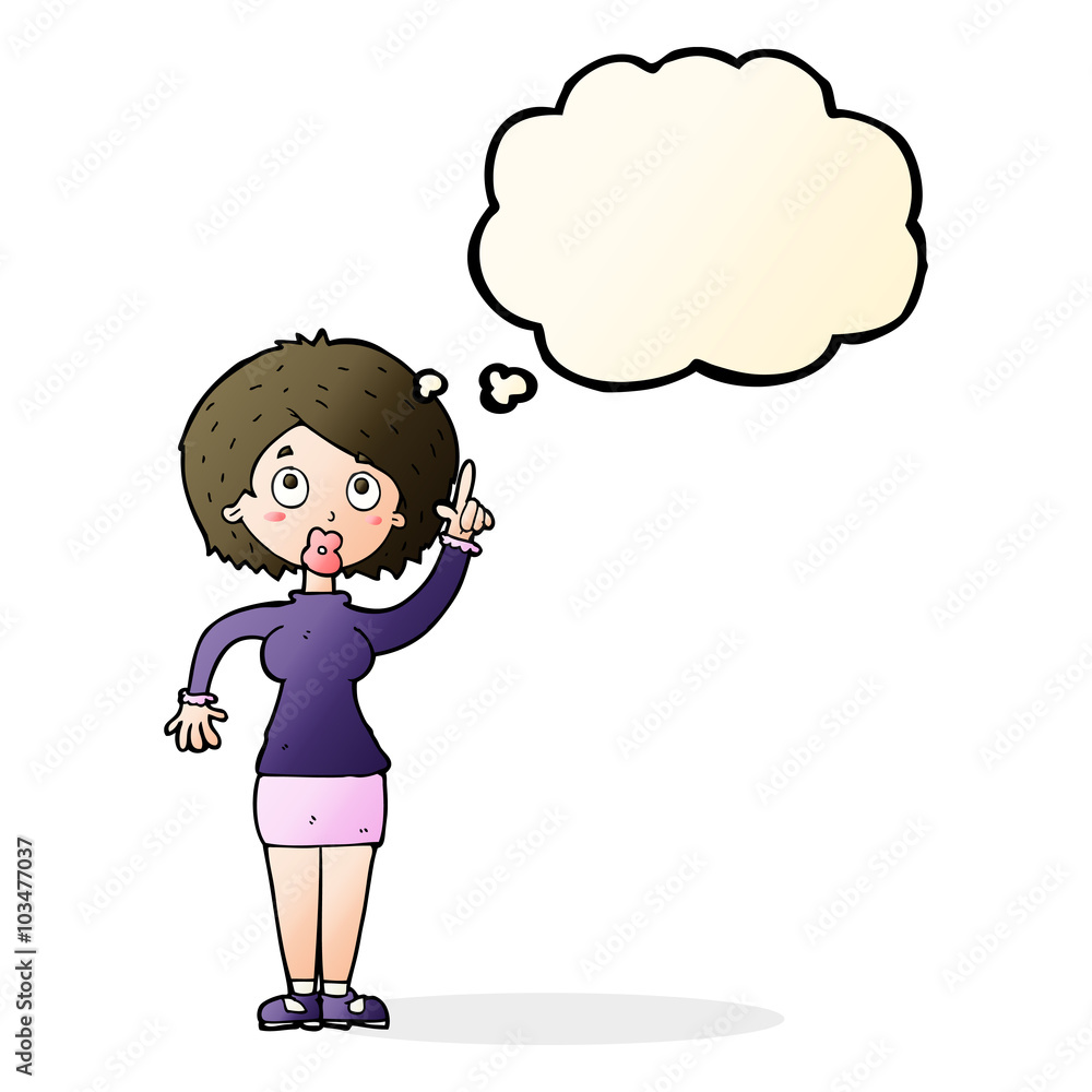cartoon woman with idea with thought bubble cartoon woman with idea with thought bubble