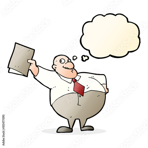 cartoon happy boss with file with thought bubble