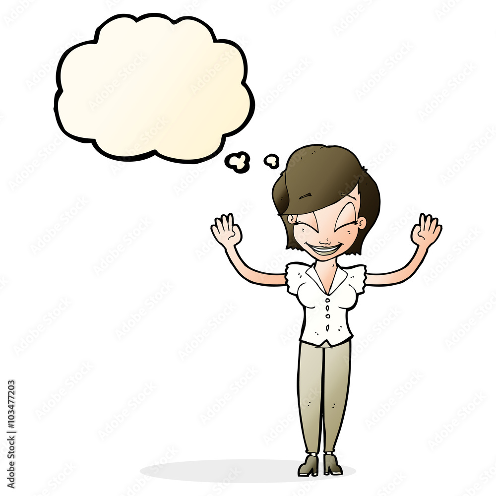 cartoon pretty woman with hands in air with thought bubble cartoon pretty woman with hands in air with thought bubble