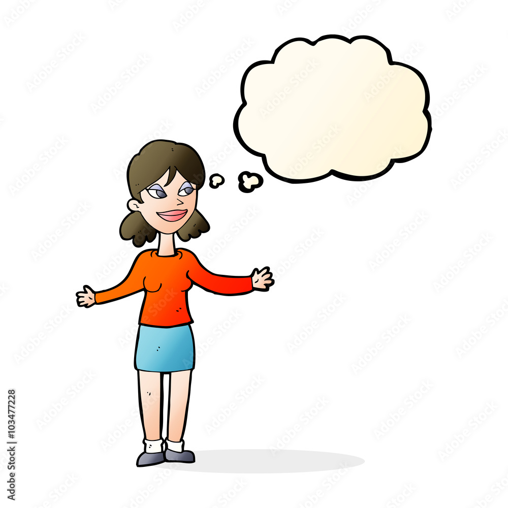 cartoon happy woman shrugging shoulders with thought bubble cartoon happy woman shrugging shoulders with thought bubble