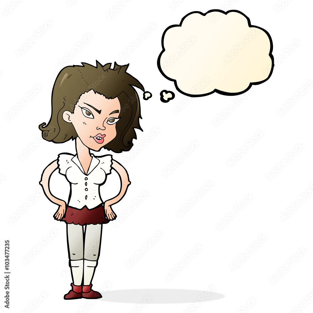 cartoon woman with hands on hips with thought bubble cartoon woman with hands on hips with thought bubble