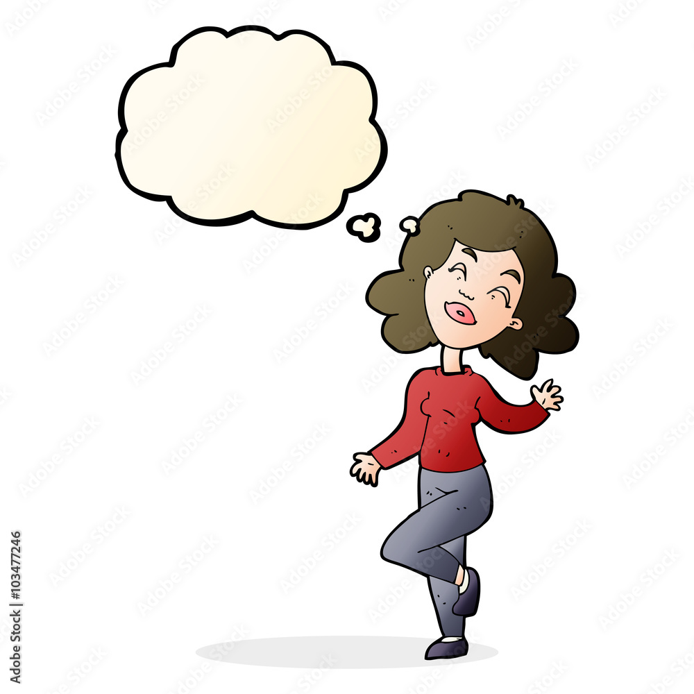 cartoon happy woman dancing with thought bubble cartoon happy woman dancing with thought bubble