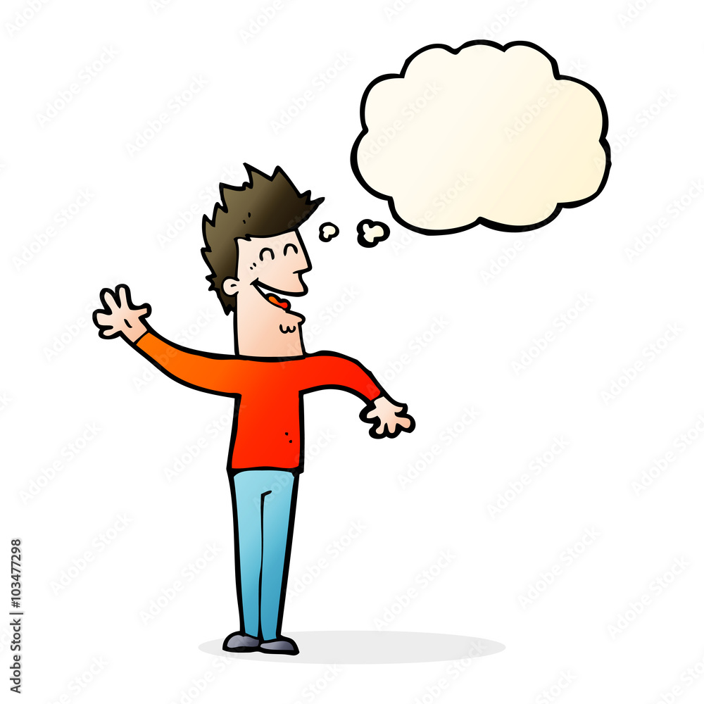 cartoon happy man waving with thought bubble cartoon happy man waving with thought bubble