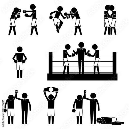 Boxing gesture activity match with ring & referee icon sign pictogram vector symbol