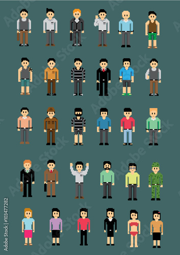 Set of Characters People Pixel, Vector illustratio