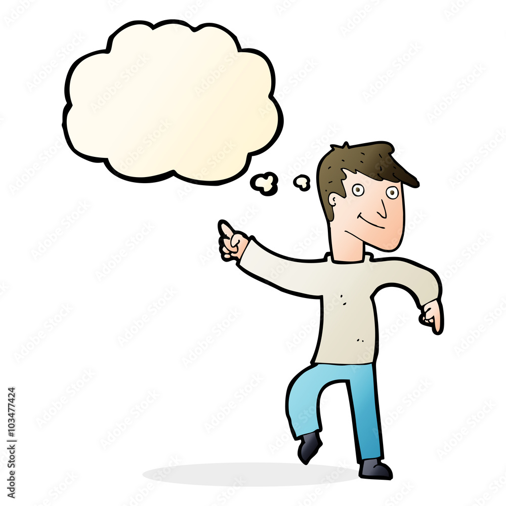 cartoon happy man pointing with thought bubble cartoon happy man pointing with thought bubble
