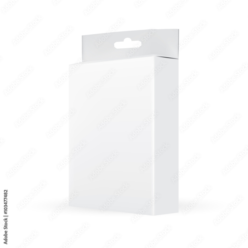 VECTOR PACKAGING: Side view of white gray packaging box with hole to hang on white background. Mock-up template ready for design. VECTOR PACKAGING: Side view of white gray packaging box with hole to hang on white background. Mock-up template ready for design.