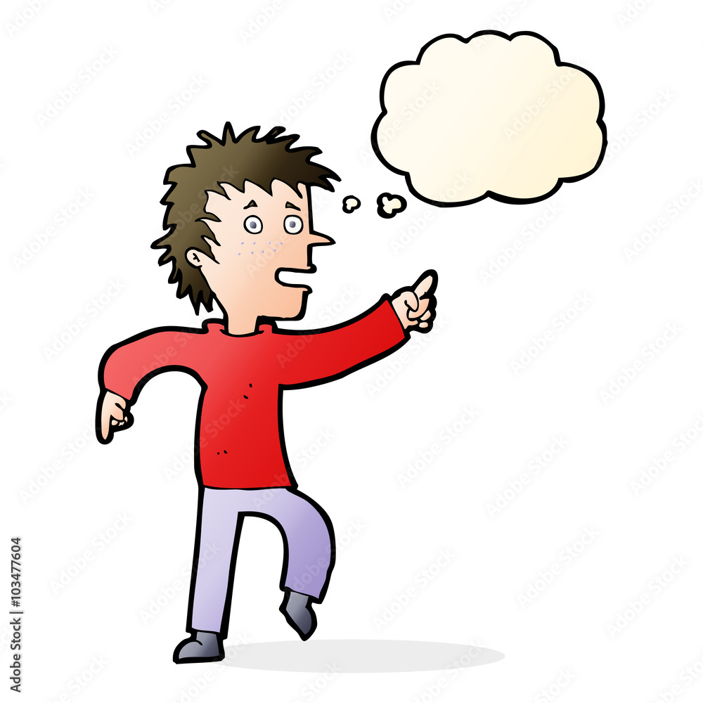 cartoon happy man pointing with thought bubble cartoon happy man pointing with thought bubble