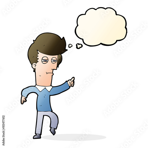 cartoon man accusing with thought bubble