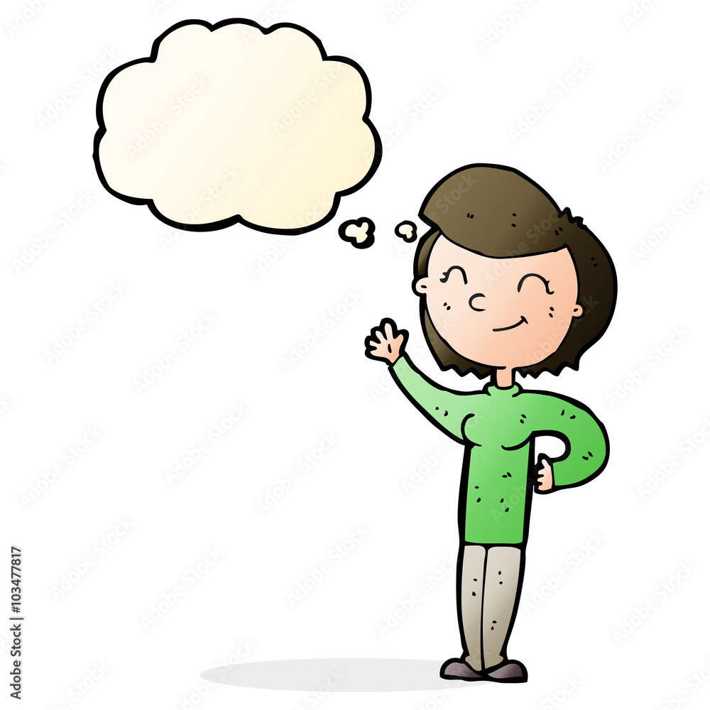 cartoon friendly waving woman with thought bubble cartoon friendly waving woman with thought bubble