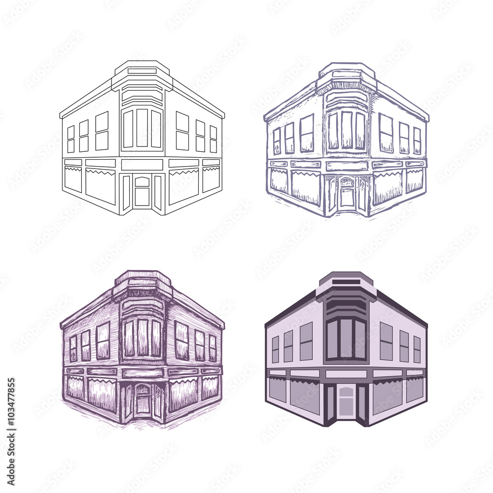 building illustration, 4 different drawing styles