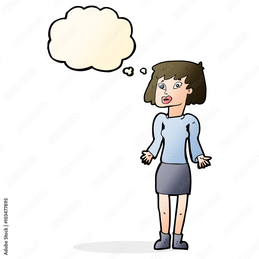cartoon woman shrugging shoulders with thought bubble cartoon woman shrugging shoulders with thought bubble