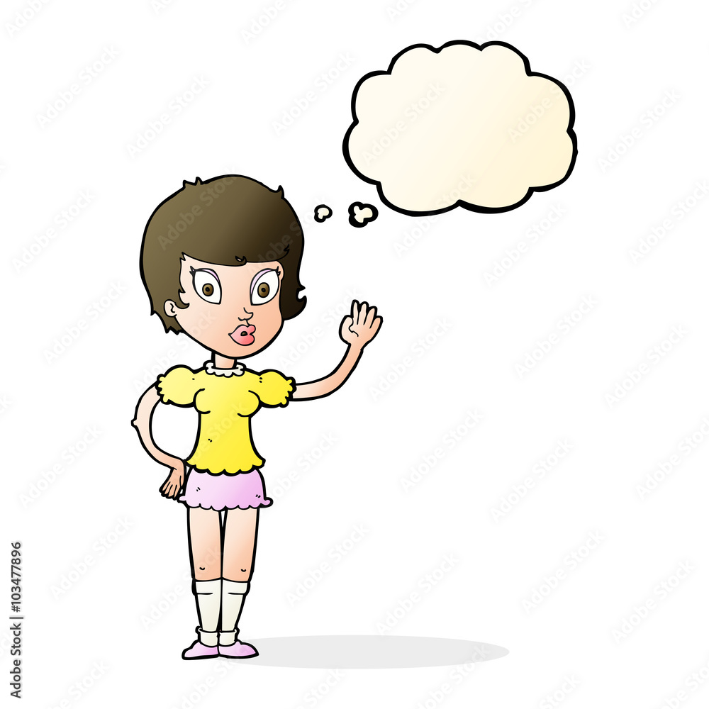 cartoon pretty girl waving with thought bubble cartoon pretty girl waving with thought bubble
