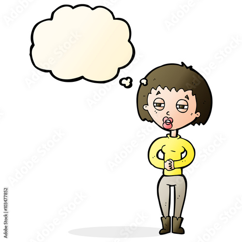 cartoon tired woman with thought bubble