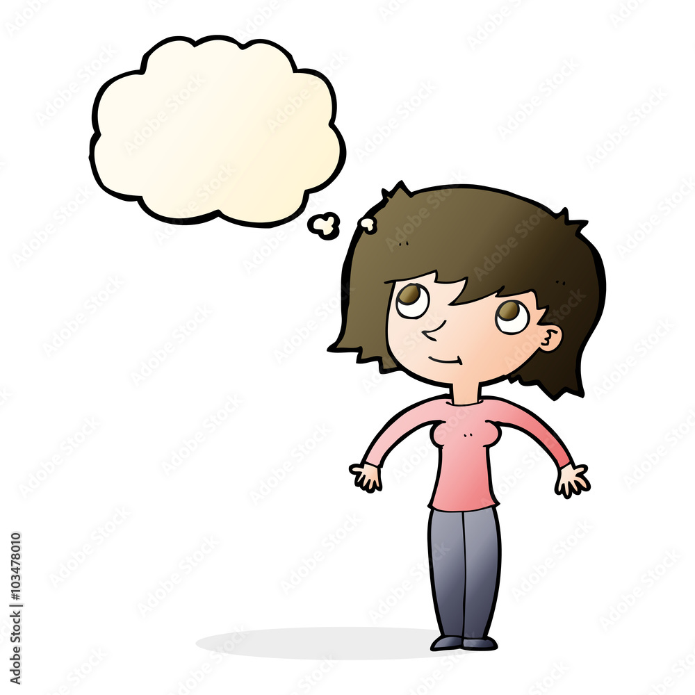 cartoon woman shrugging with thought bubble cartoon woman shrugging with thought bubble