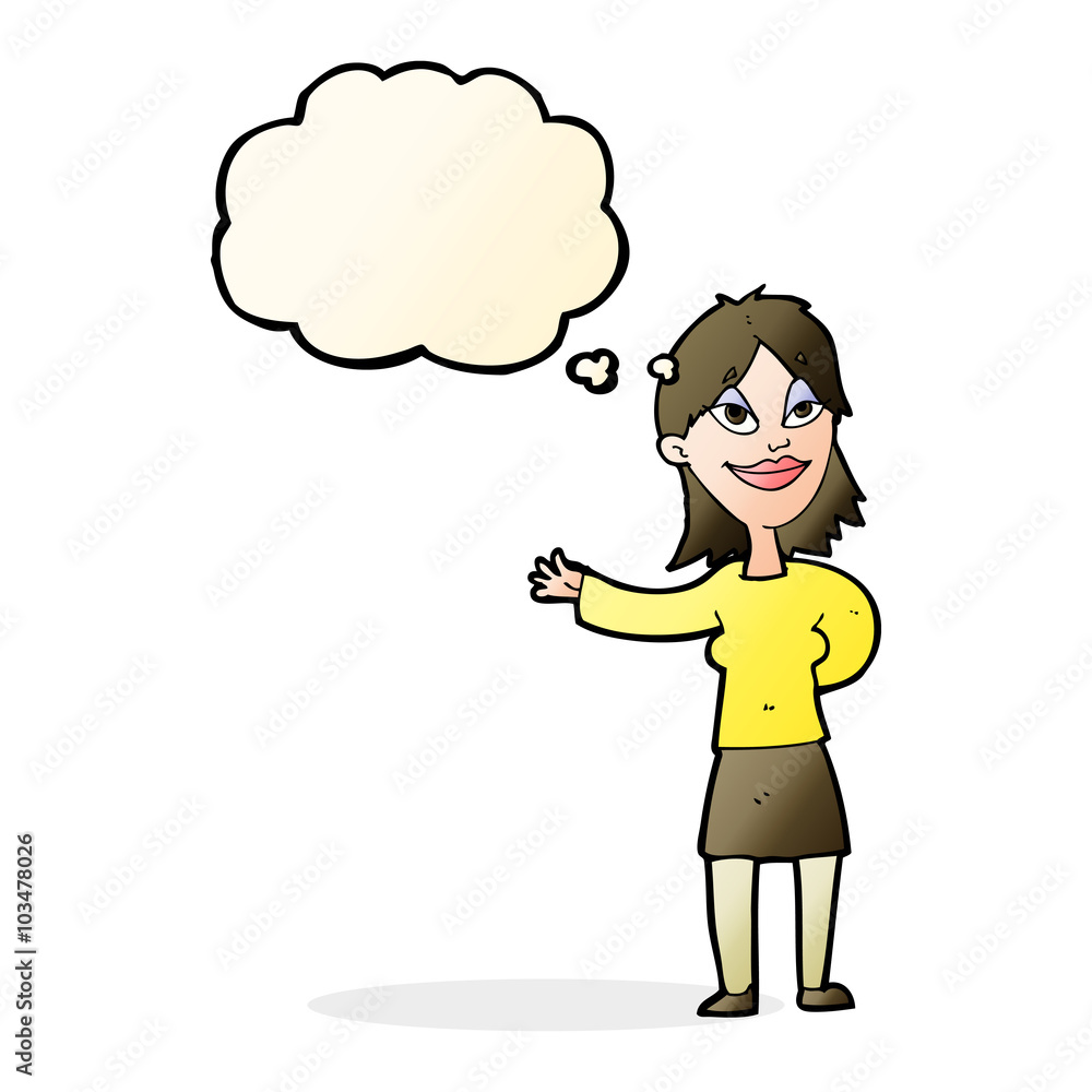 cartoon woman gesturing to show something with thought bubble cartoon woman gesturing to show something with thought bubble