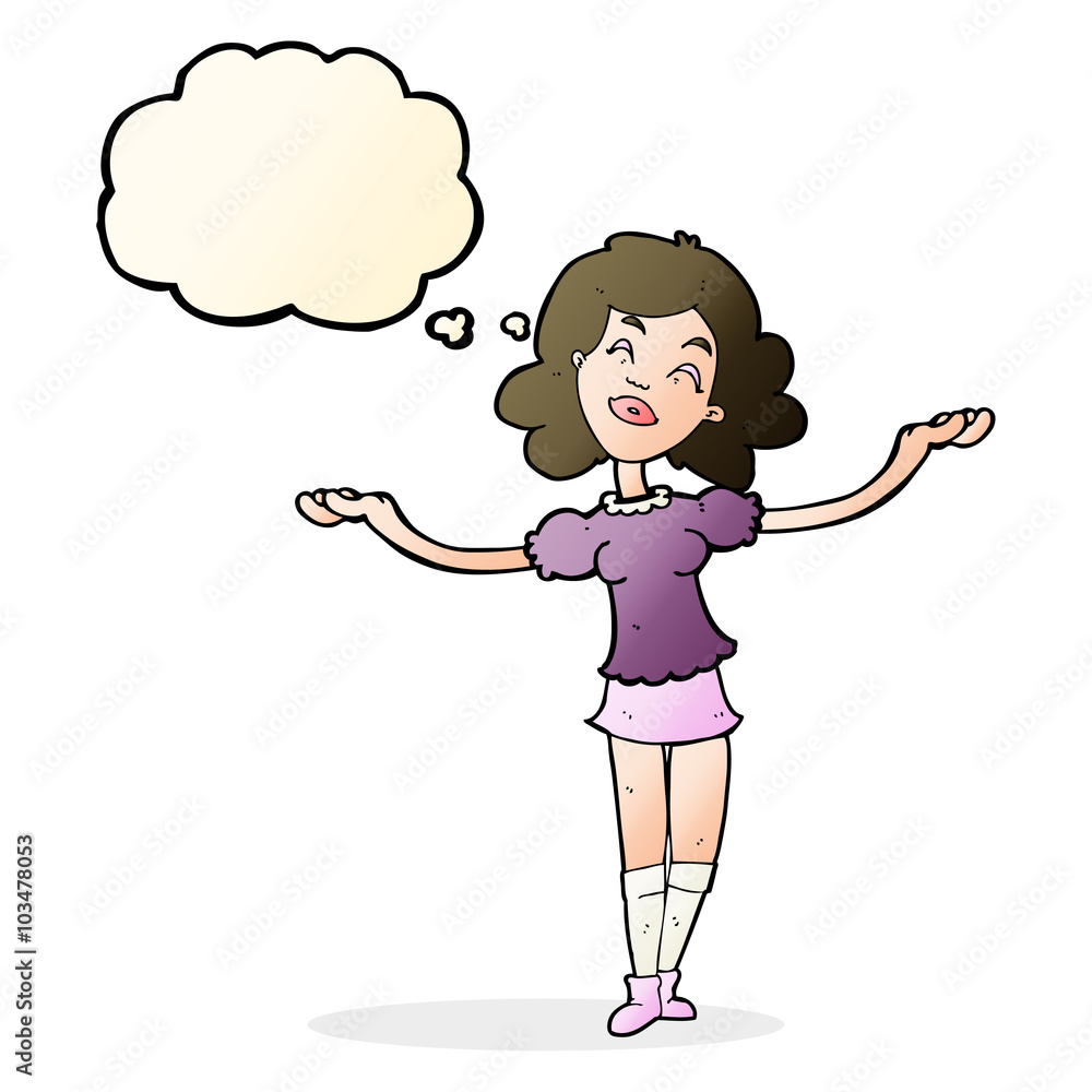 cartoon woman taking praise with thought bubble cartoon woman taking praise with thought bubble