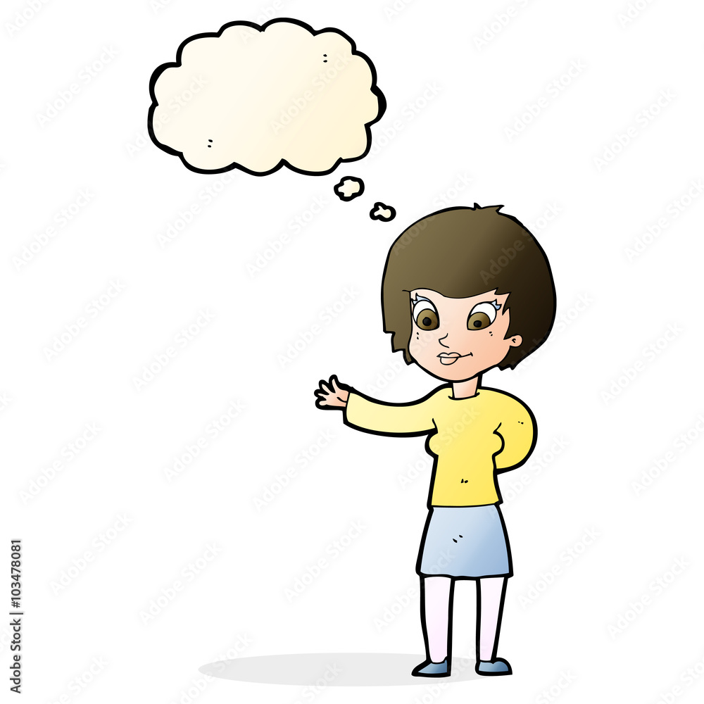 cartoon welcoming woman with thought bubble cartoon welcoming woman with thought bubble