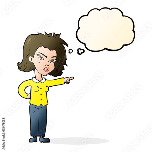 cartoon woman pointing with thought bubble