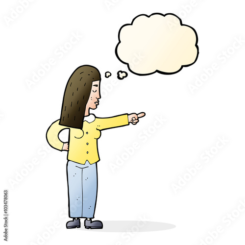 cartoon woman pointing with thought bubble