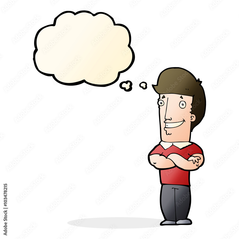 cartoon man with folded arms grinning with thought bubble cartoon man with folded arms grinning with thought bubble