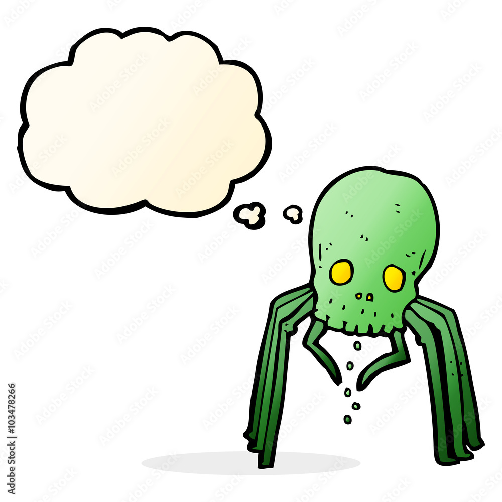 Obraz premium cartoon spooky skull spider with thought bubble