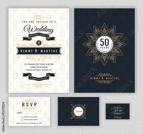 Wedding anniversary celebration party invitation design template. Luxury frame elements and background. Vector illustration