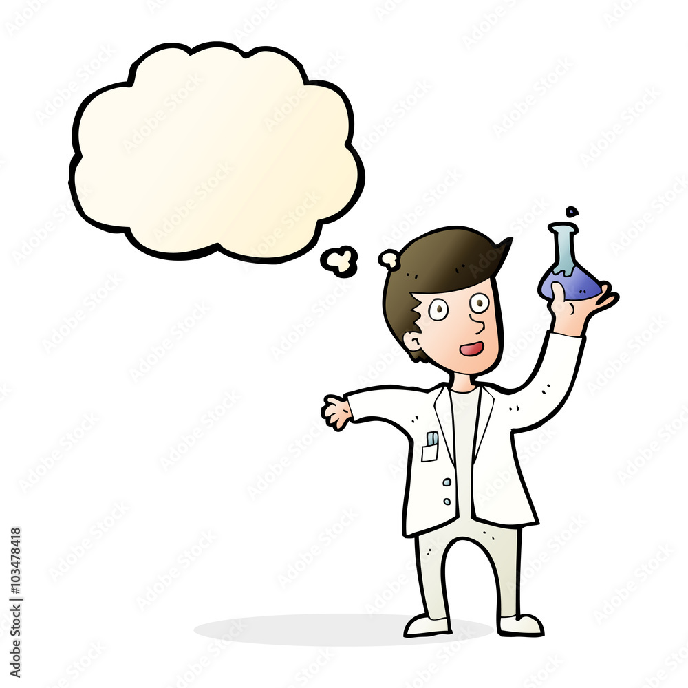 cartoon happy scientist with thought bubble