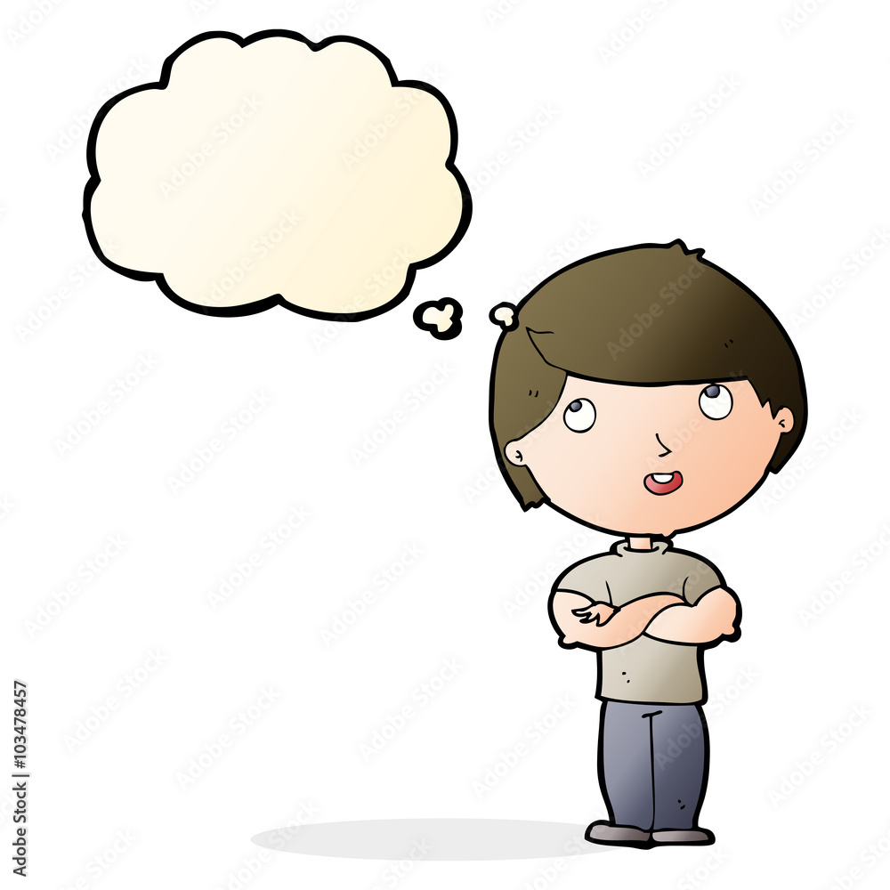 cartoon happy man with folded arm with thought bubble cartoon happy man with folded arm with thought bubble