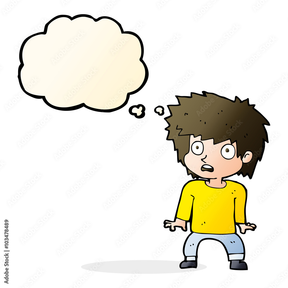 cartoon frightened boy with thought bubble cartoon frightened boy with thought bubble