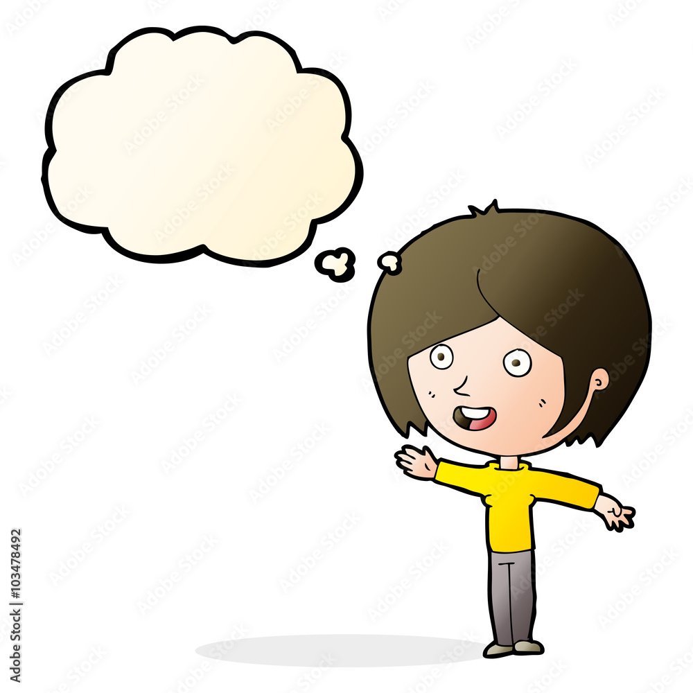 cartoon happy girl waving with thought bubble cartoon happy girl waving with thought bubble