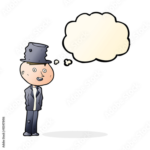 cartoon funny hobo man with thought bubble
